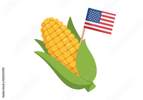 Cartoon Corn on the Cob with Green Husks and American Flag 1.