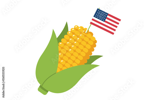 Cartoon Corn Cob with Green Husks and American Flag Vector Illustration.