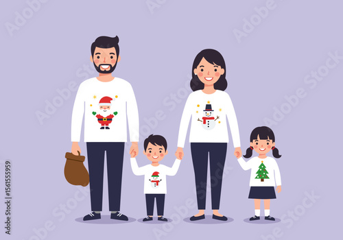 Cartoon Family Wearing ChristmasThemed Sweaters Holding Hands Father Holding a Brown Sack.