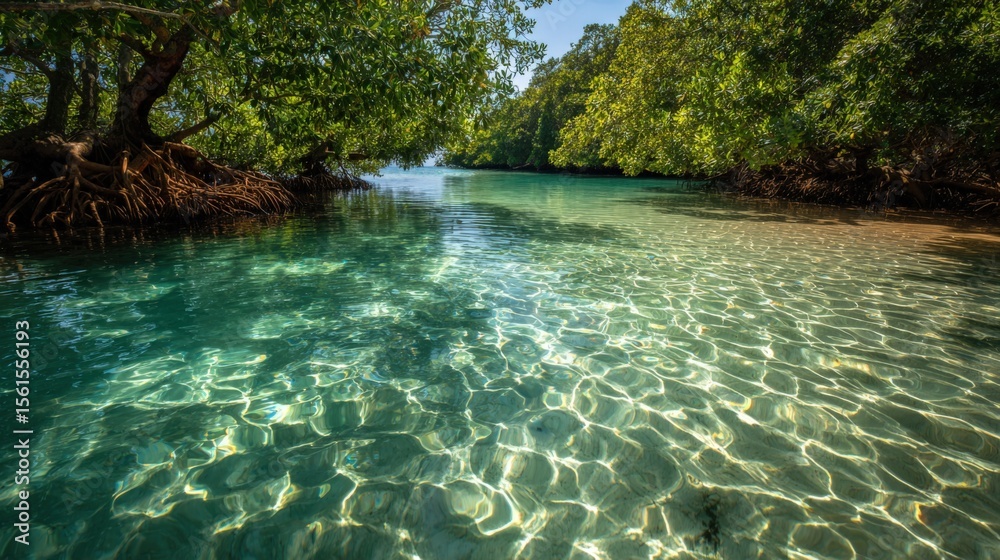 Obraz premium Tranquil Tropical River Scene with Clear Waters Surrounded by Lush Green Trees and Bright Sunny Sky.