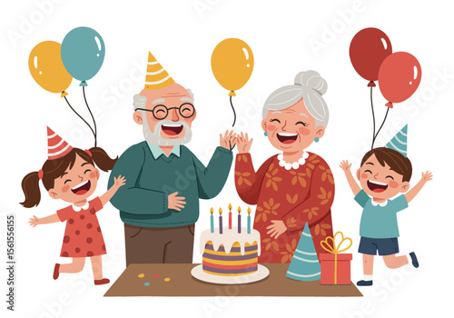 Cartoon Grandparents Celebrating with Family Cake Balloons and Party Hats.