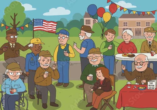 Cartoon Veterans Gathering with Drinks and Snacks Celebrating Together in a Park.