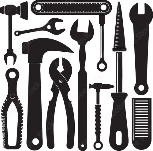 Collection of silhouetted hand tools including a hammer and wrenches	