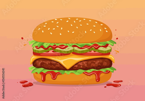 CartoonStyle Burger with Sesame Bun Lettuce Cheese Tomato Pickles and Ketchup.