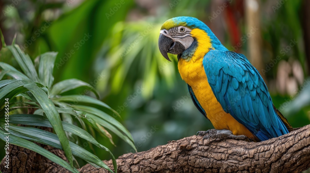 Obraz premium Vibrant Blue and Yellow Macaw Parrot Perched on Tree Branch in Tropical Jungle Scene.