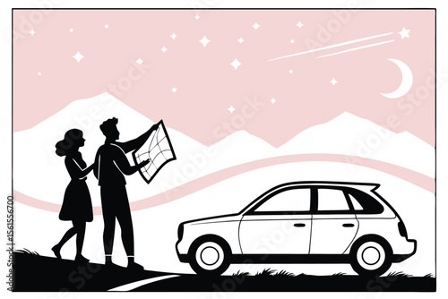 Couple with map and car under starry night sky with crescent moon