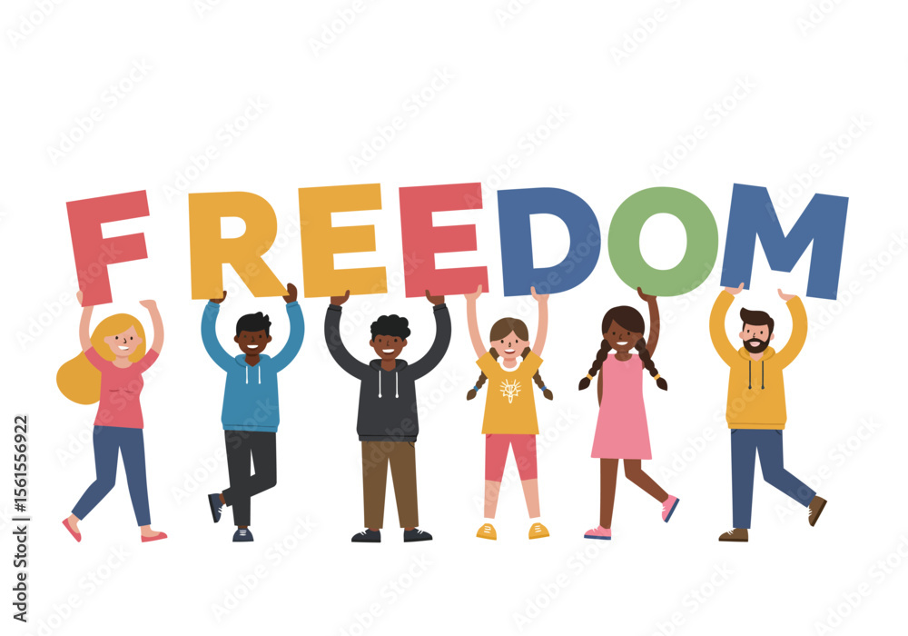 Diverse Group Holding Colorful FREEDOM Letters Smiling and Cheerful Celebrating Together. Diverse Group Holding Colorful FREEDOM Letters Smiling and Cheerful Celebrating Together.