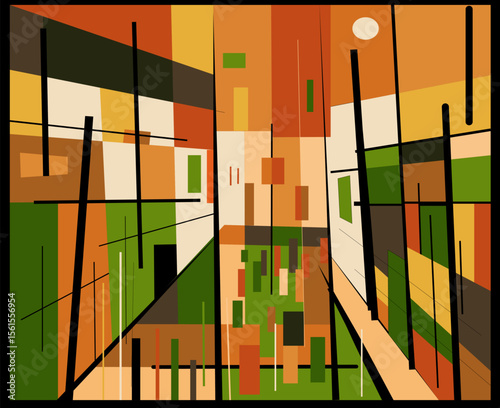 Geometric shapes in shades of orange, green, and brown create an abstract cityscape. Vertical and horizontal lines intersect to form a sense of depth and structure.