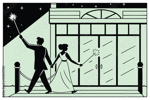 Romantic couple silhouette leaving wedding reception with glowing sparklers at night