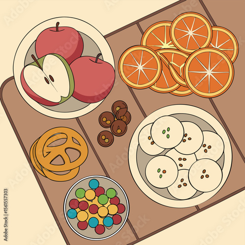 Overhead view of a wooden tray with apples oranges banana slices pretzels and colorful candies displayed