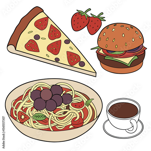 Illustration of a pizza slice, strawberries, a burger, spaghetti, and a cup of coffee arranged together