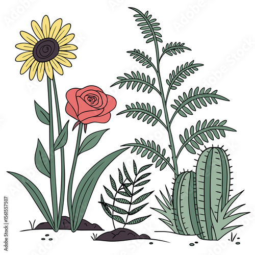 Illustration of a sunflower, rose, fern, and cactus arranged together in a botanical display of flora