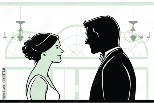 Romantic couple silhouette sharing a tender moment at a reception