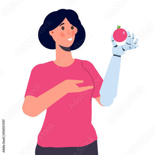 Character witth a Bionic arm or Robotic mechanical hand, Prosthesis concept. Vector isolated illustration