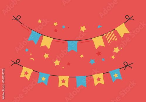Festive Bunting with Yellow and Blue Flags and Star Confetti Decoration.
