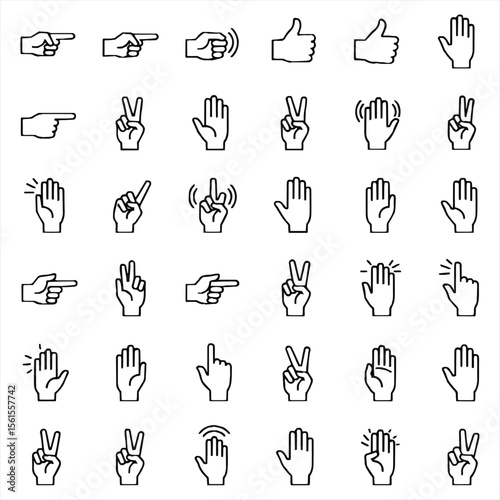 Collection of diverse hand gesture icons, depicting various signals and signs.