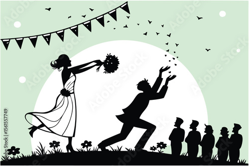 Wedding couple silhouette throwing bouquet and garter celebration