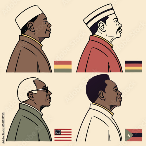 Four portraits of men in profile with hats and jackets next to flags on a light beige background