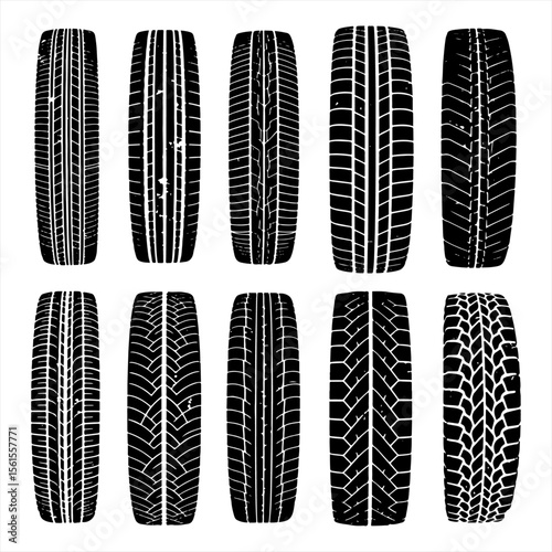 A collection of ten unique tire tread patterns displayed in a grid arrangement against a white background.
