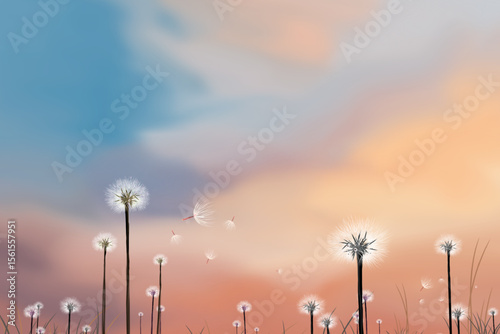 dandelion in the meadow with colorful cloudy sky background