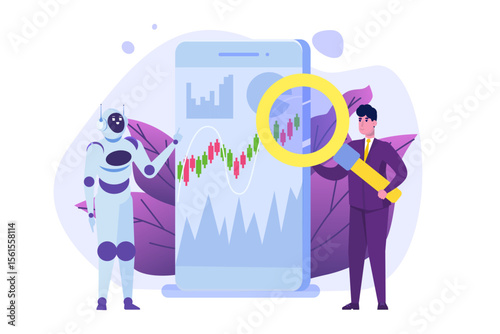 Robot investing, Robo-advisor. Artificial intelligence and businessman using IT algorithms for Forex tradings. Vector illustration