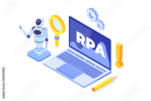 Robotic Process Automation concept, RPA. Robot or Chat bot helps people in  different  tasks. Vector isometric illustration.