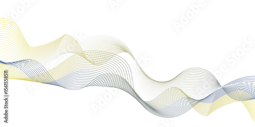 An abstract, minimalist illustration featuring multiple overlapping and undulating waves or ribbons composed of fine, translucent lines. The color scheme is dominated by cool blues and muted yellows.