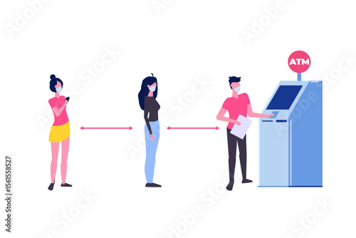 Social distancing and coronavirus covid-19 prevention. People are waiting in line near ATM machine. Vector illustration in a flat style