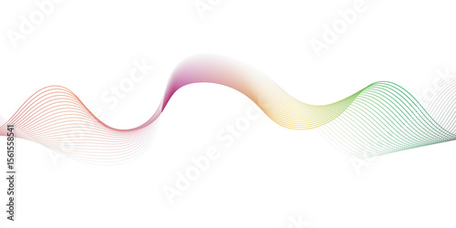A minimalist, abstract illustration on a pristine white background featuring a single, gracefully undulating wave or ribbon composed of numerous fine, parallel lines.