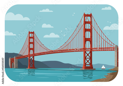 Golden Gate Bridge Illustration with Red Steel Structure and Suspension Cables.