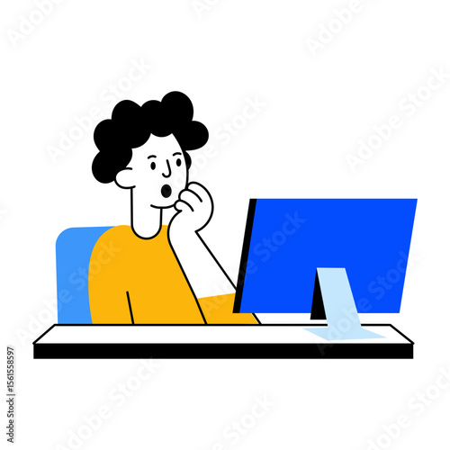A flat style illustration showing shocked character looking at computer