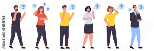 Group of  Thoughtful people. Men and women solving problem. Vector illustration.