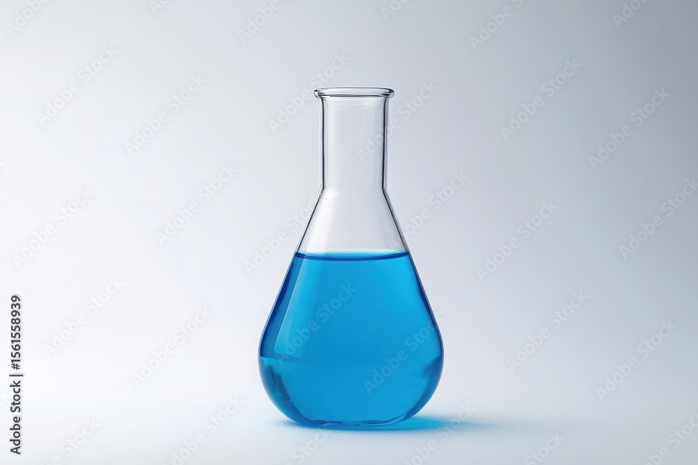 Erlenmeyer flask containing blue liquid on light background Erlenmeyer flask containing blue liquid on light background