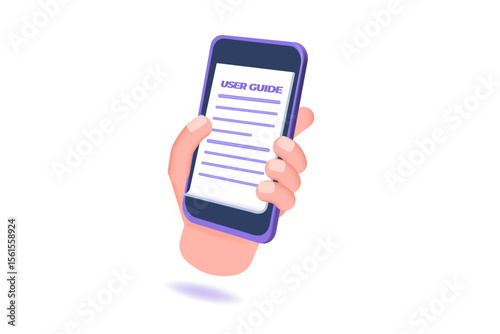 3d User manual  concept. People with guide instruction are discussing about content of handbook. 3d realistic vector illustration.