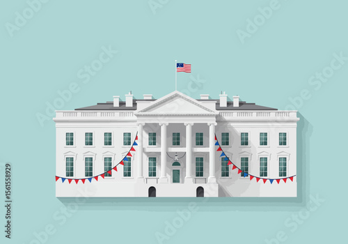 Illustrated White House with American Flag and Festive Bunting Decoration.