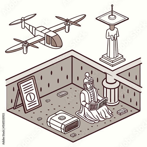 Isometric room with drone, statue, roman figure reading, and display board illustration shown here