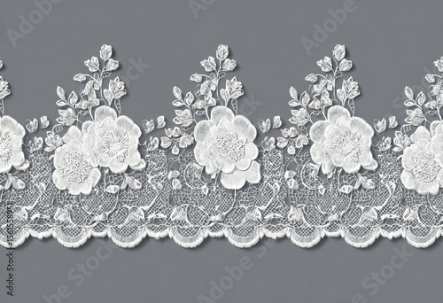 Vector lace ribbon pattern, seamless background. White lace texture with floral elements on a grey backdrop. Seamless, elegant lace border for a wedding invitation card design, print, and decoration.