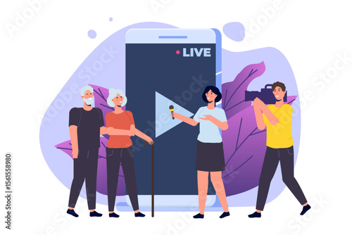 TV reporter character, Journalist special correspondent and camera man concept. Vector illustration.