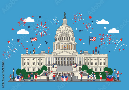 Illustrated US Capitol Building with Patriotic Celebration and Fireworks.