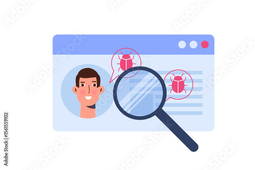 Vulnerability and bugs search or scan, finding malware concept.  Vector illustration.