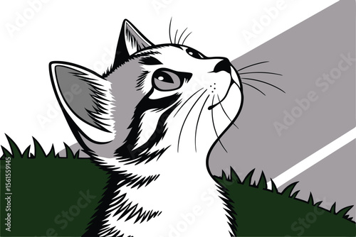 Cute cat with tilted head looking directly at the camera in a banner design