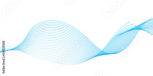 "A subtle, elongated wave of sheer blue lines gracefully undulates across a clean white backdrop, suggesting fluid motion and digital sophistication."