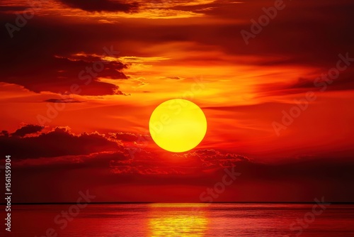 Sunset illusion with warped solar disc, glowing deep orange-red sky