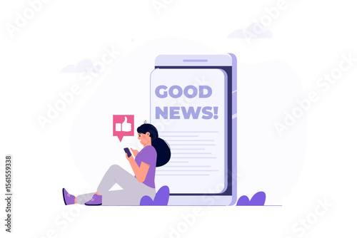 People getting good news concept, positive information from phone. Flat vector illustration