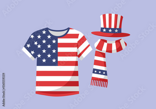 Patriotic Apparel American Flag TShirt Striped Hat and Scarf with Stars.