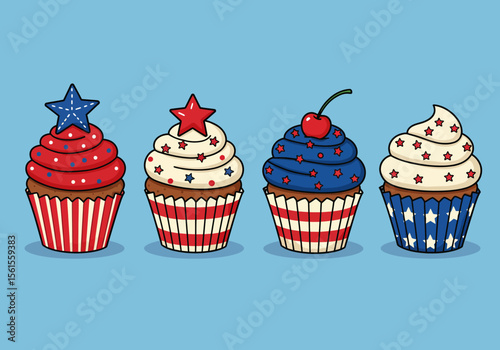 Patriotic Cupcakes Red White and Blue Festive Treats with Star and Cherry Toppings.