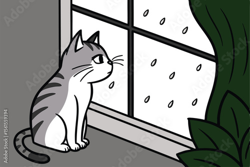 Cute cat peering out a window on a rainy day
