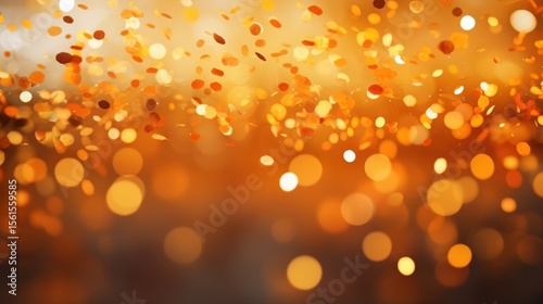 Golden and orange confetti and bokeh lights create a festive and celebratory atmosphere with a warm, glowing background.