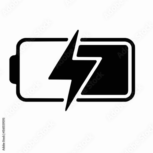 Black and white icon representing battery charging process with lightning bolt symbol