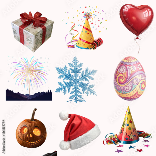 A set of colorful party and holiday elements isolated on transparent background, including a gift, balloon, party hat, snowflake, decorated egg, and a carved pumpkin